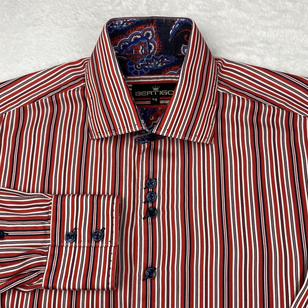 BERTIGO Dress Shirt Mens (4) Large Red/White Stripes Flip Cuffs Long Sleeves